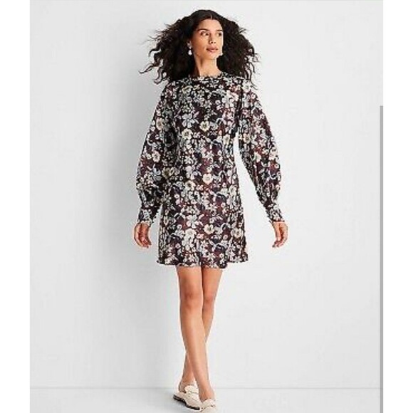 Future Collective Long Sleeve Satin Mini Dress Floral Brown 4 - Picture 1 of 7
